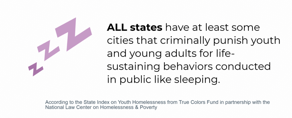 ALL states have at least some cities that criminally punish youth and young adults for life-sustaining behaviors conducted in public like sleeping.