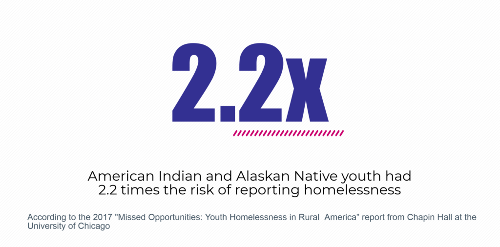 American Indian and Alaska Native youth had 2.2 times the risk of reporting homelessness