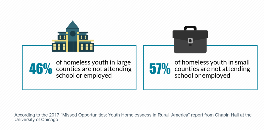 46% of homeless youth in large counties are not attending school or employed and 57% of homeless youth in small counties are not attending school or employed.